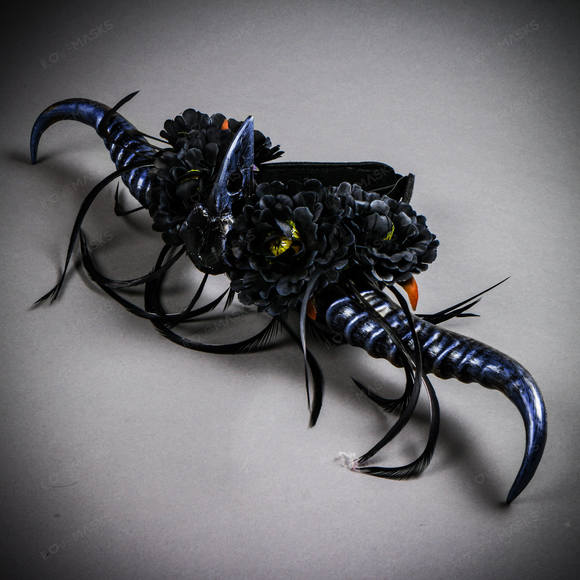 Gothic Demon Long Horn with Flower Head Piece - Black Blue - Picture 3 of 5